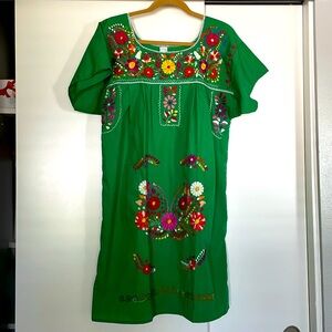 Mexican peasant dress - green with multi color embroidery.